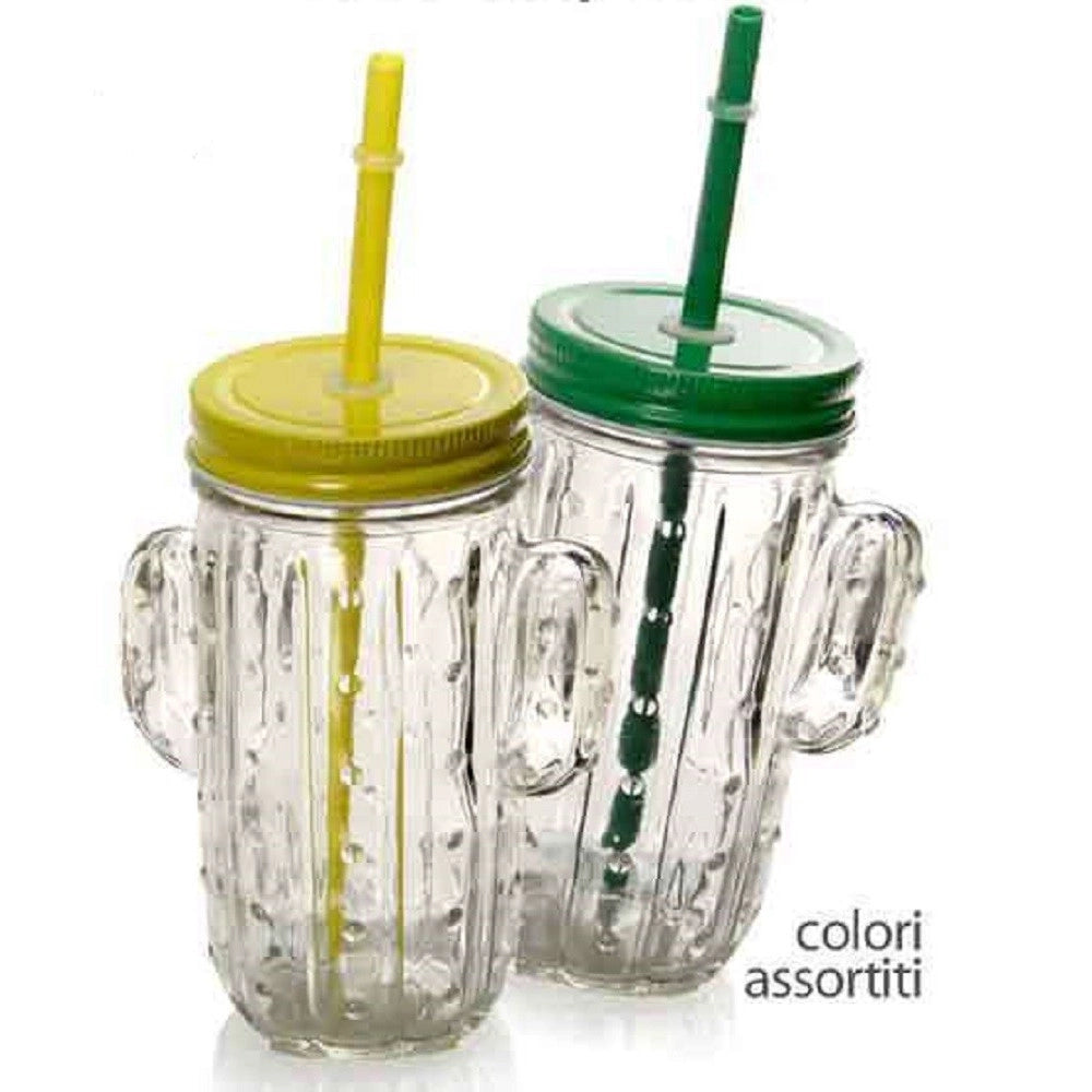 Trade Shop - Bicchiere Con Cannuccia Coperchio Party Feste Forma Cactus In Vetro 400ml 738135 -