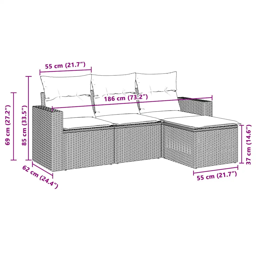 Set Divano da Giardino 4pz con Cuscini Grigio Chiaro Polyrattan