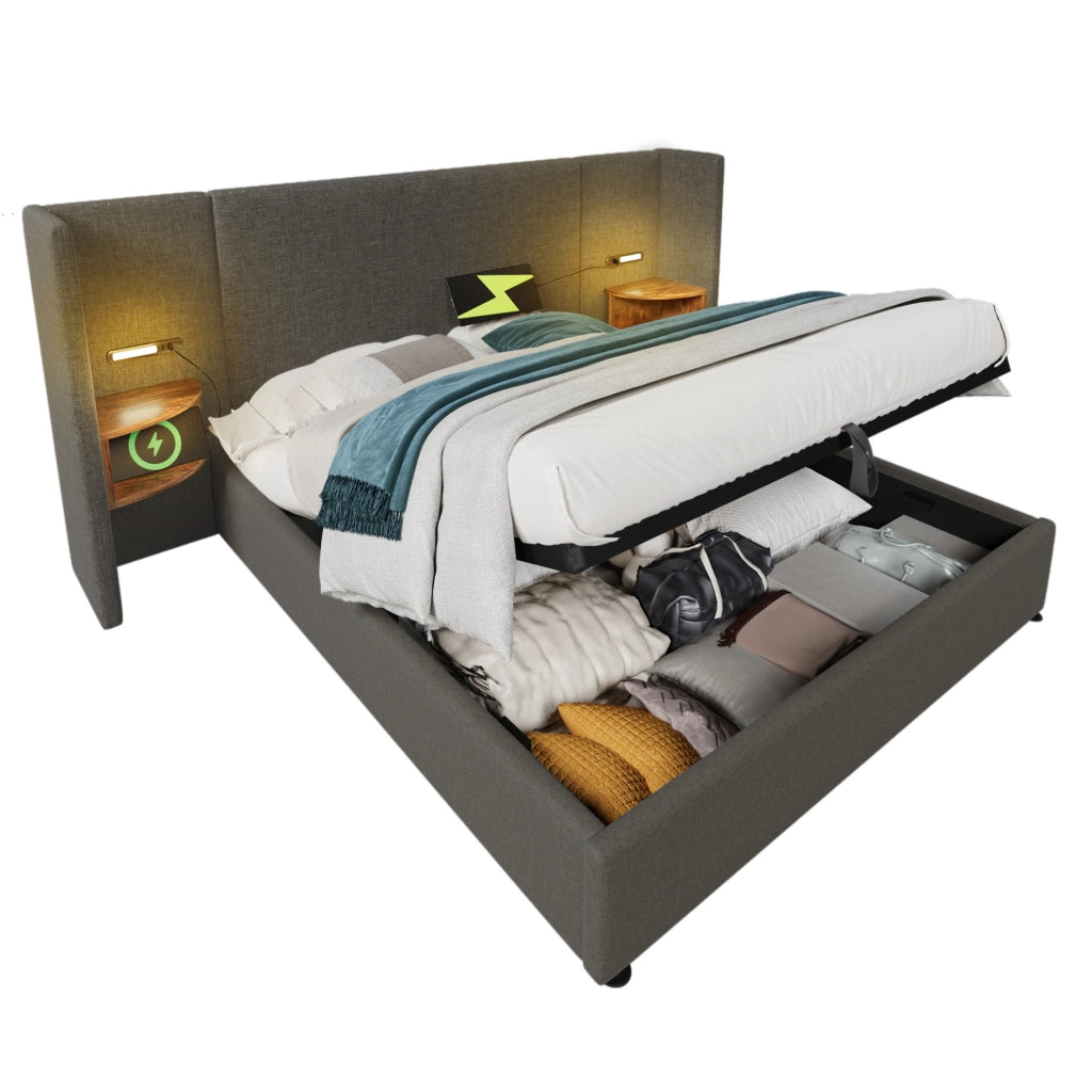 Letto matrimoniale 180x200 cm con contenitore; testiera con luce lettura USB e Type-C; grigio