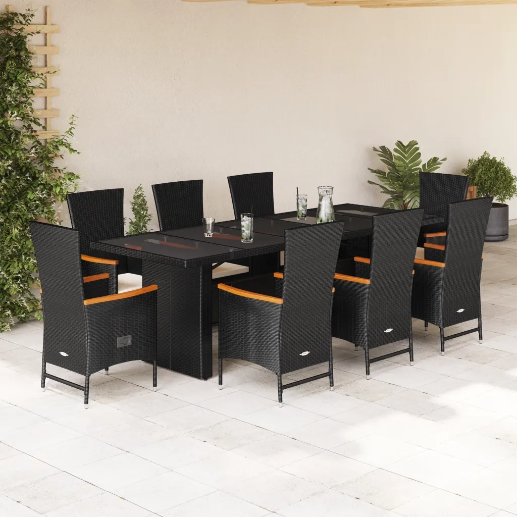 Set da Pranzo da Giardino 9 pz con Cuscini Nero in Polyrattan