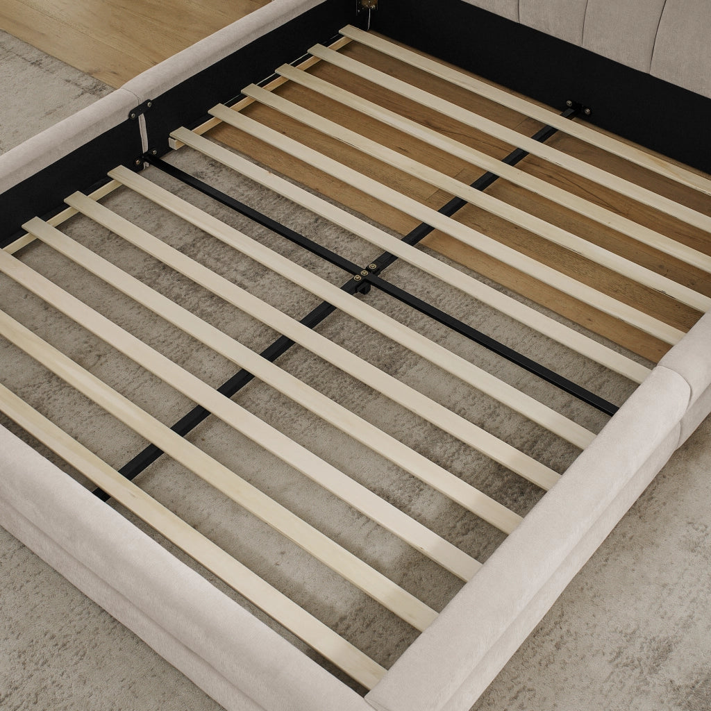 DESMIU Lit matrimoniale 140 × 200 cm con testiera imbottita, senza materasso, in ciniglia, beige