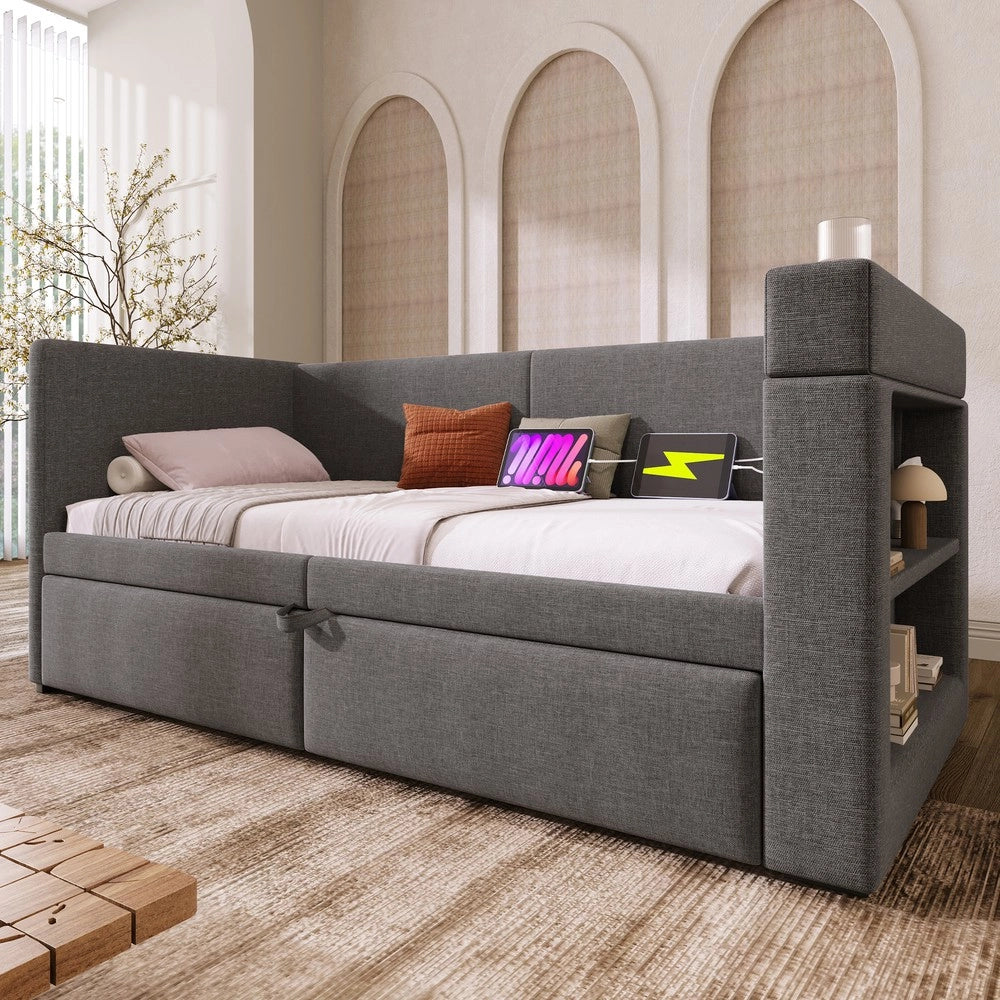 Letto Singolo Imbottito con Divano Estraibile ¨C MINIMAL ¨C Tessuto Grigio 90x200