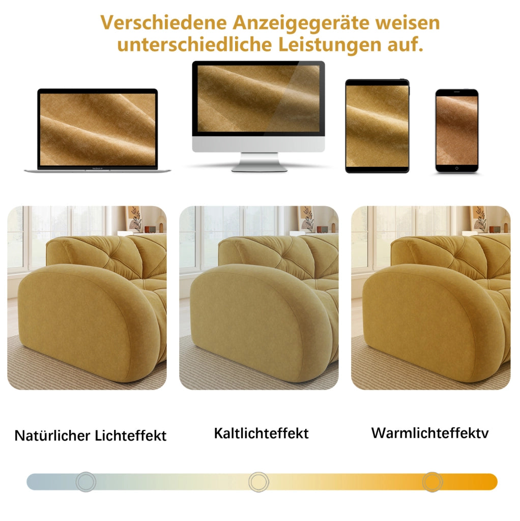 Divano modulare 2 posti con pouf in chenille gialla; 204x171x76 cm