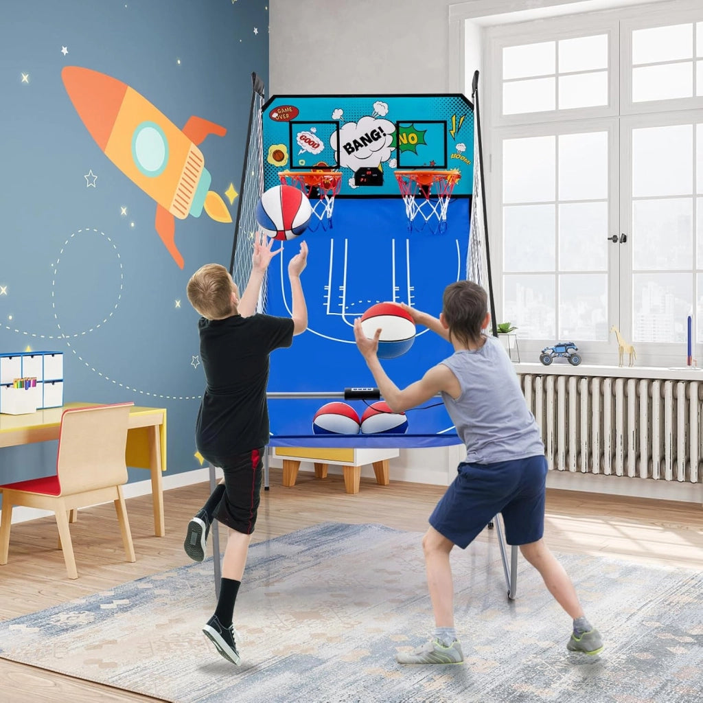 Macchina da Pallacanestro Elettronica Pieghevole, Gioco Arcade da Basket a Doppio Tiro per Casa con 8 Modalità di Gioco, Suono Arcade, Punteggio Elettronico, 4 Palloni e Pompa (Azzurro)