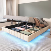 Letto matrimoniale imbottito fluttuante senza testiera; LED e contenitore a gas; lino beige; 180x200 cm; senza materasso