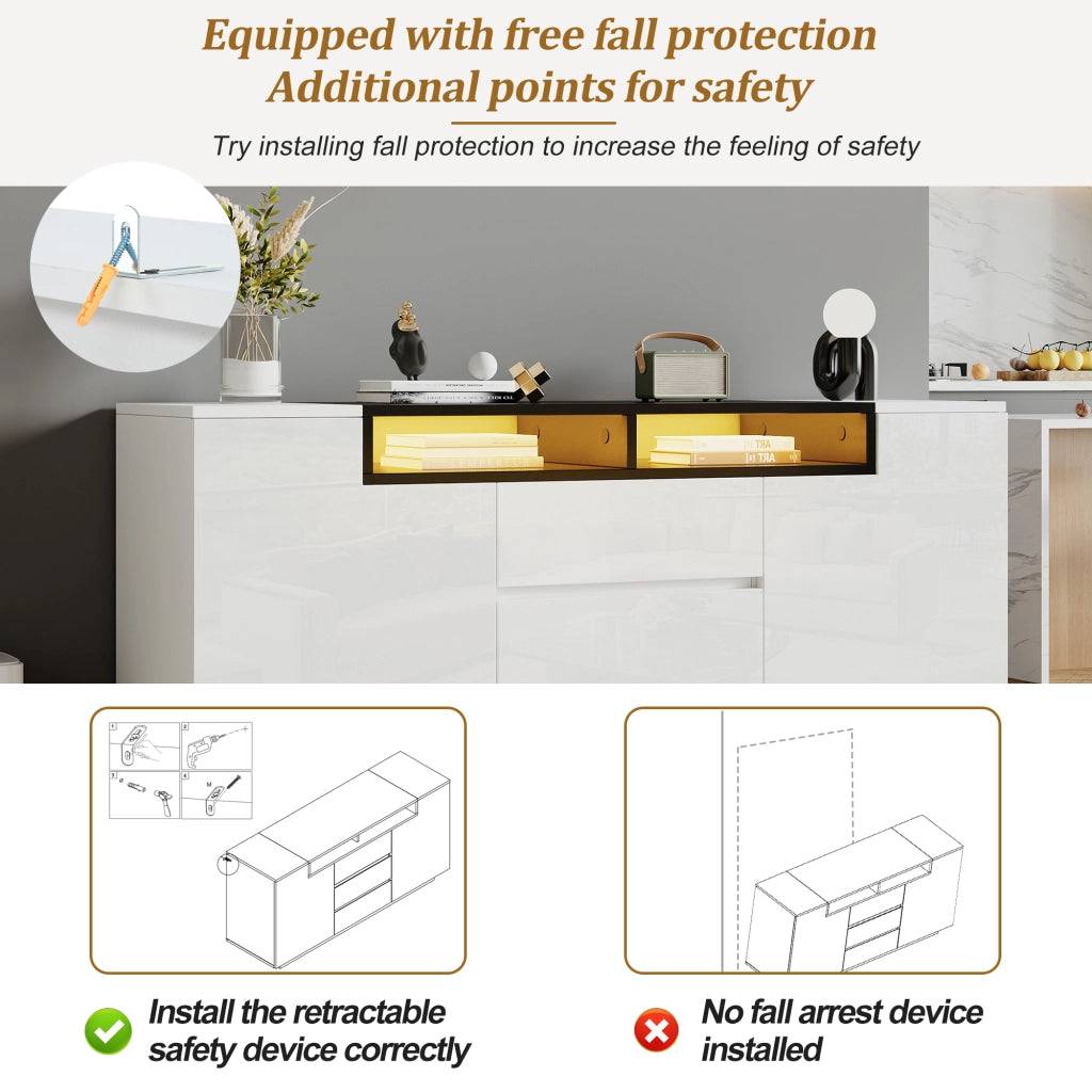 Credenza con 2 ante; 3 cassetti; 2 vani semiaperti; LED controllata da app; per soggiorno; 140 × 40 × 68 cm