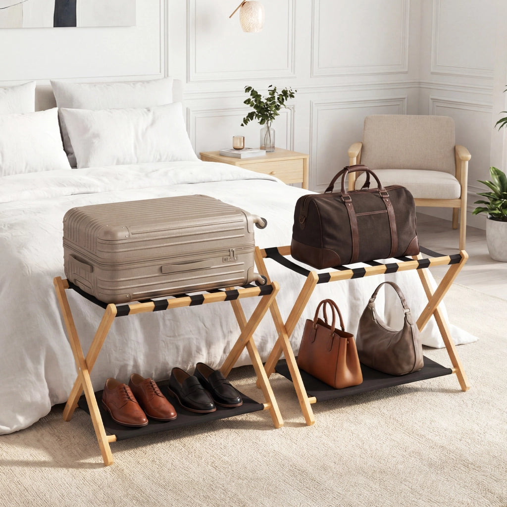 Set di 2 porta valigie in bamboo con cinghie e ripiani oxford, Supporti pieghevoli salvaspazio per camera ospiti e hotel Naturale