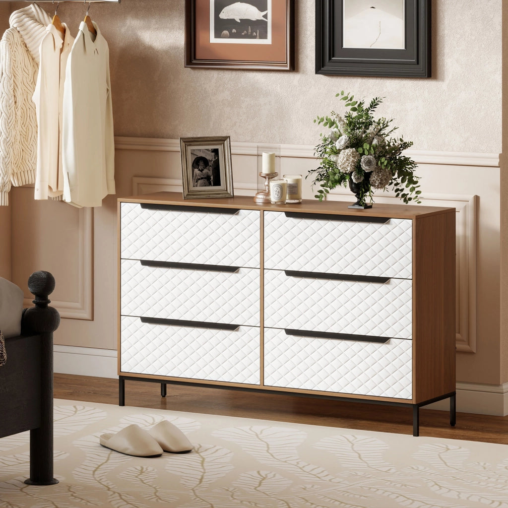 Cassettiera con 6 Cassetti Tessuto Diamante ¨C zephmum ¨C Naturale e Bianco