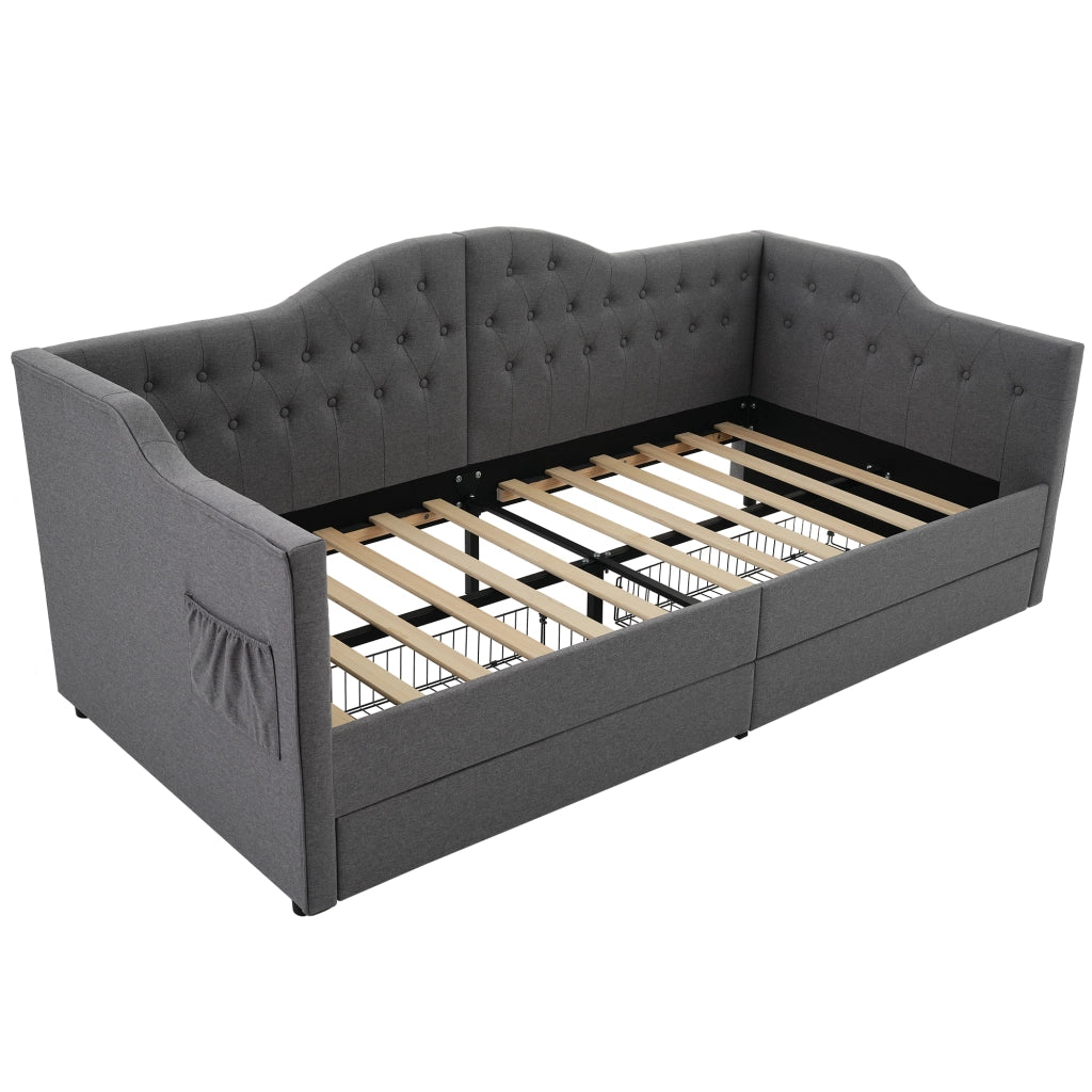 Letto a giorno imbottito con testiera trapuntata; 2 cassetti; porta USB/Tipo-C e tasche laterali; lino grigio; 90x200 cm; senza materasso