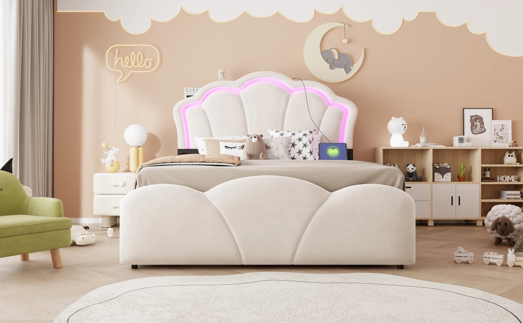 DESMIU Letto contenitore 140 × 200 cm 2 posti con LED, prese e vani testiera, senza materasso, beige