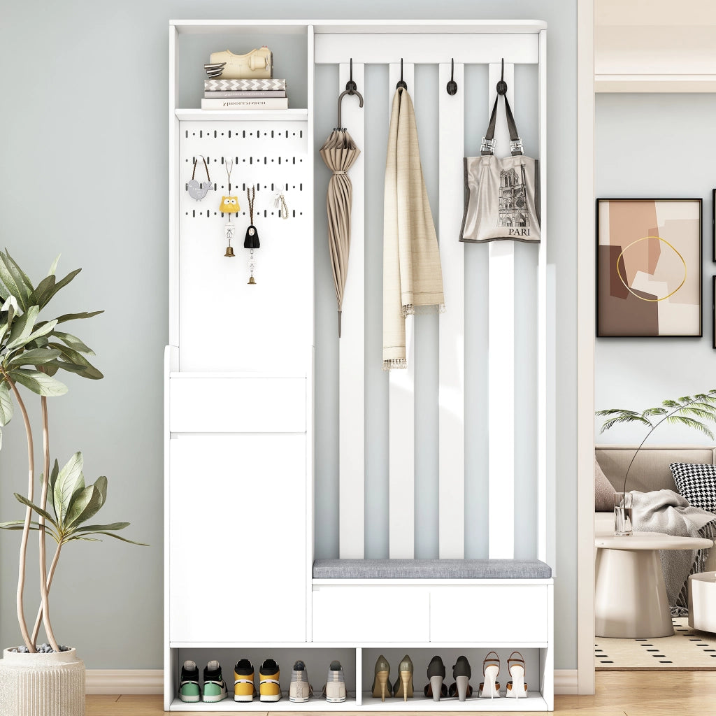 Scarpiera Panca Ingresso con Appendiabiti e Ganci ¨C MINIMAL ¨C Bianco, 4 Ganci, H180xL100xP35 cm