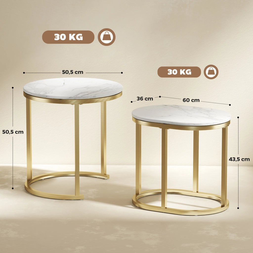 Set 2 tavolini da caff¨¨ ovale e rotondo, impilabile, effetto marmo, acciaio, bianco, ?50x50,5 cm ¨C zephmum