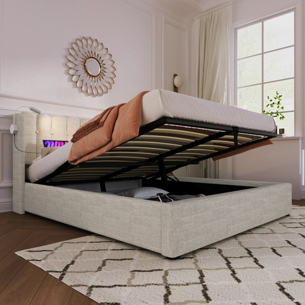 LETTO Contenitore 140x200 cm in lino beige con materasso incluso, luce da lettura e USB