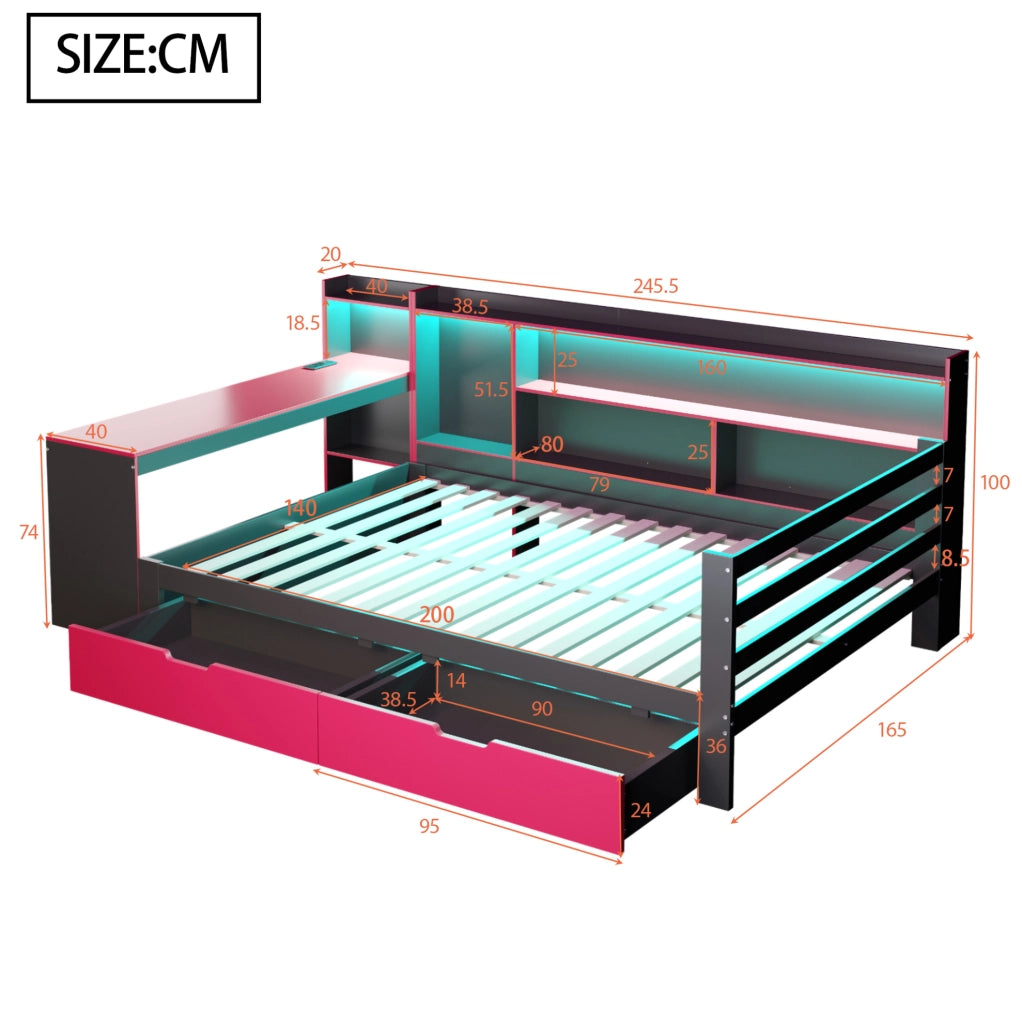 Letto matrimoniale multifunzione 140x200 cm in legno; con scrivania; LED e cassetti; nero e rosso