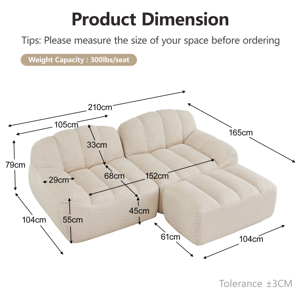 Divano Angolare Modulare 2 Posti con Poggiapiedi ¨C MINIMAL ¨C Tessuto Beige, Senza Montaggio