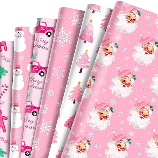 Papier per imballaggio natalizio - 12 fogli con motivi festivi (rosa)
