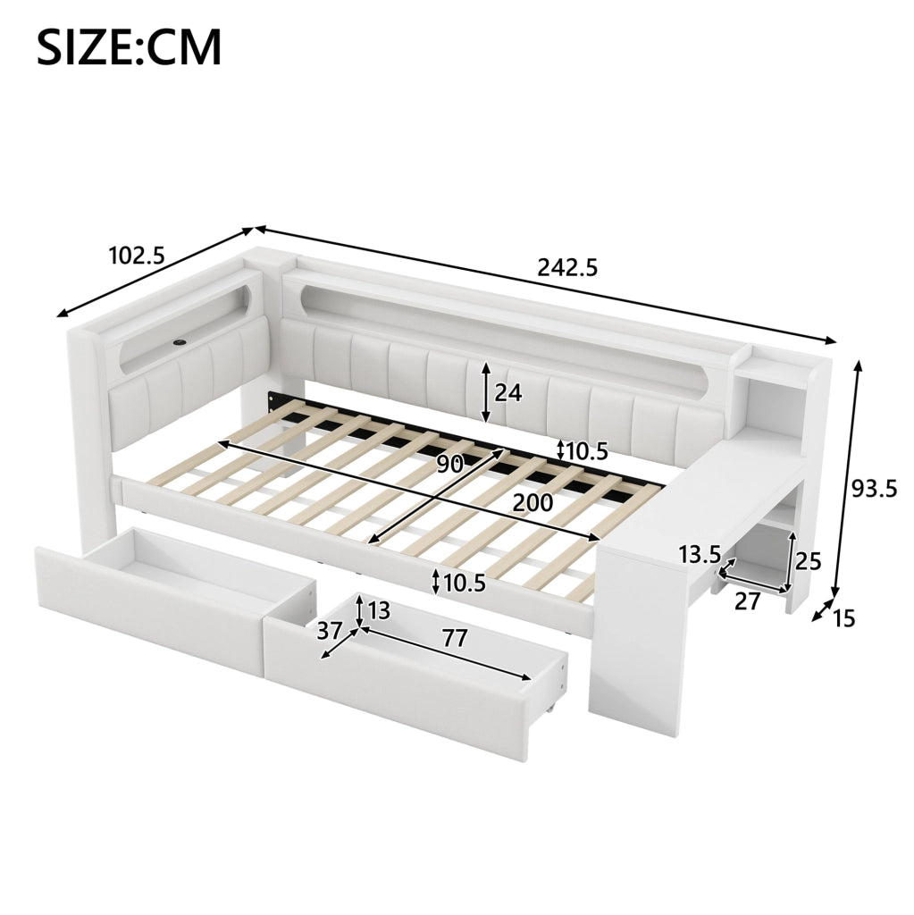 Daybed imbottito 90x200 cm con USB; LED; scrivania e 2 cassetti; bianco