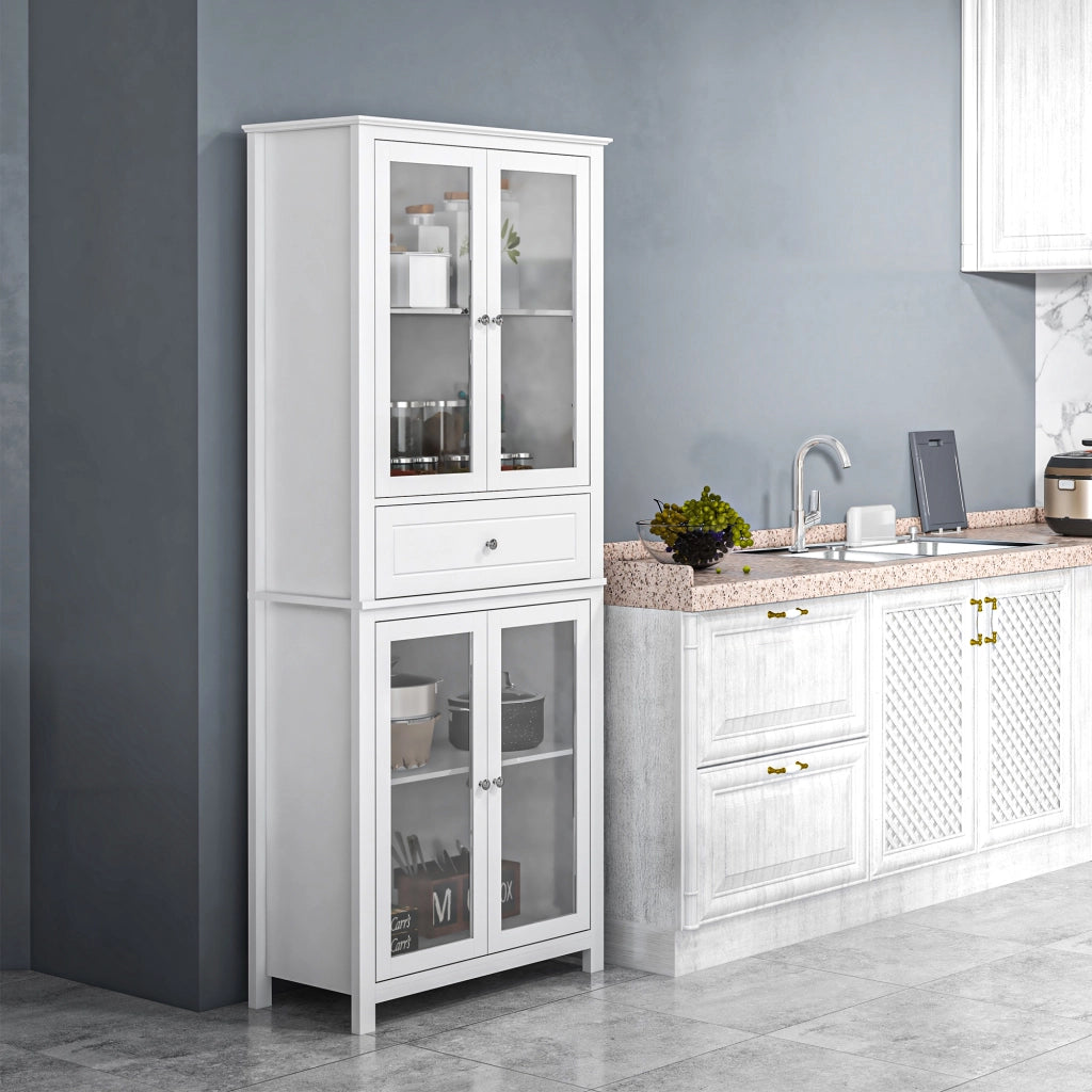 Armadio Cucina Vetrina con Ante a Vetro e Cassetto ¨C Zephmum ¨C Bianco 74x35,5x181,5 cm