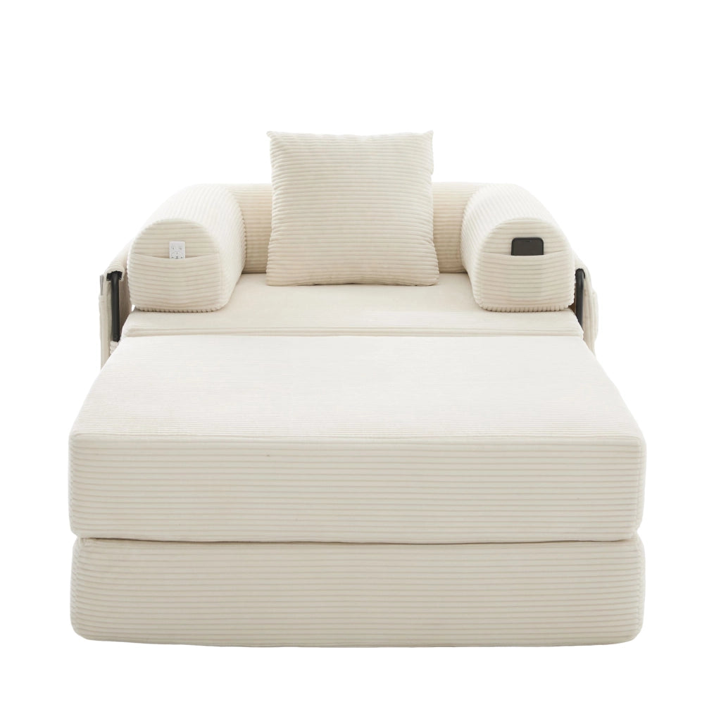 Divano Modulare con Pouf, con Tasca Laterale e Cuscino, in Velluto a coste, Beige
