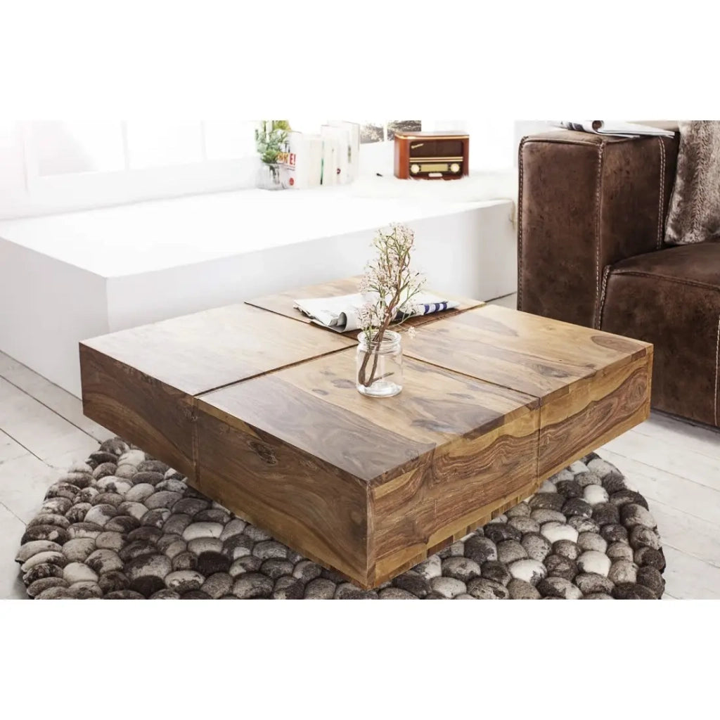 Tavolino basso TOLB 70 cm in legno massiccio di Sheesham – Tavolino basso quadrato design con piede centrale