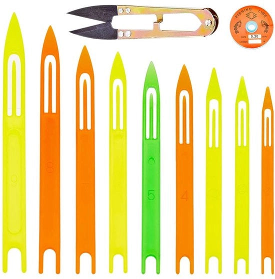 Kit di riparazione per reti da pesca - Incluso 9 ago plastiche - Filo nylon e acciaio - Ideale per pescatori - Disponibile in diverse colori