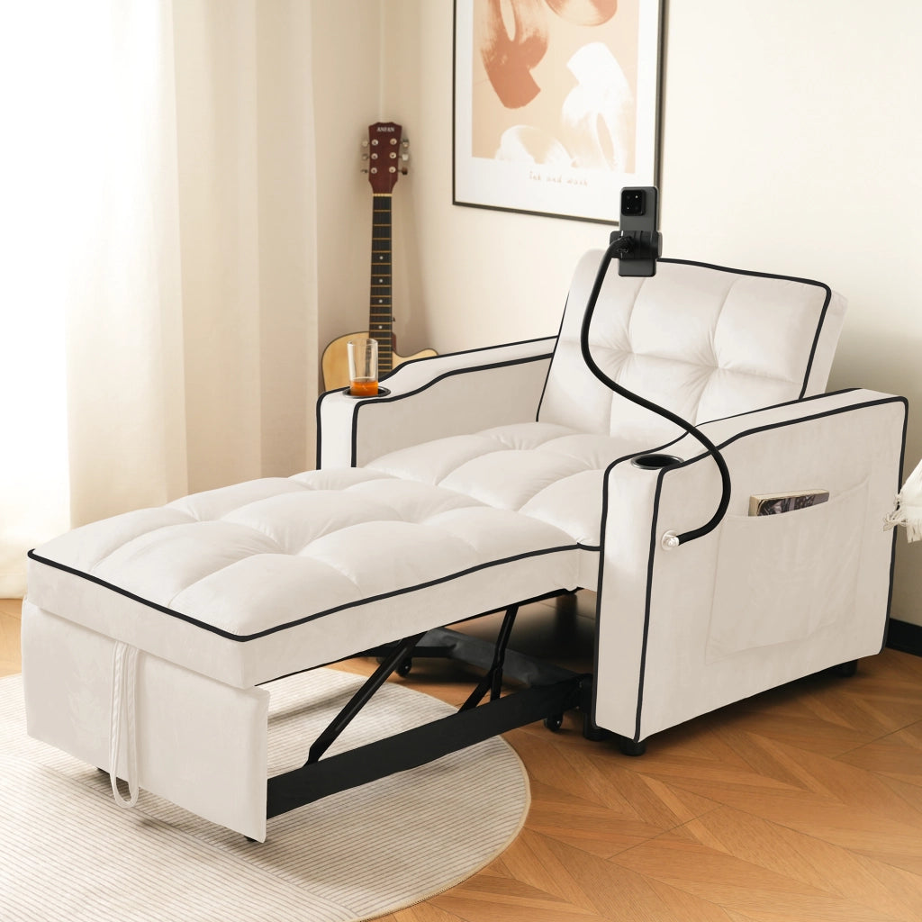 Divano letto singolo 3 in 1 estensibile con portabicchieri, porta cellulare e tasca laterale, beige, 83x167x76 cm