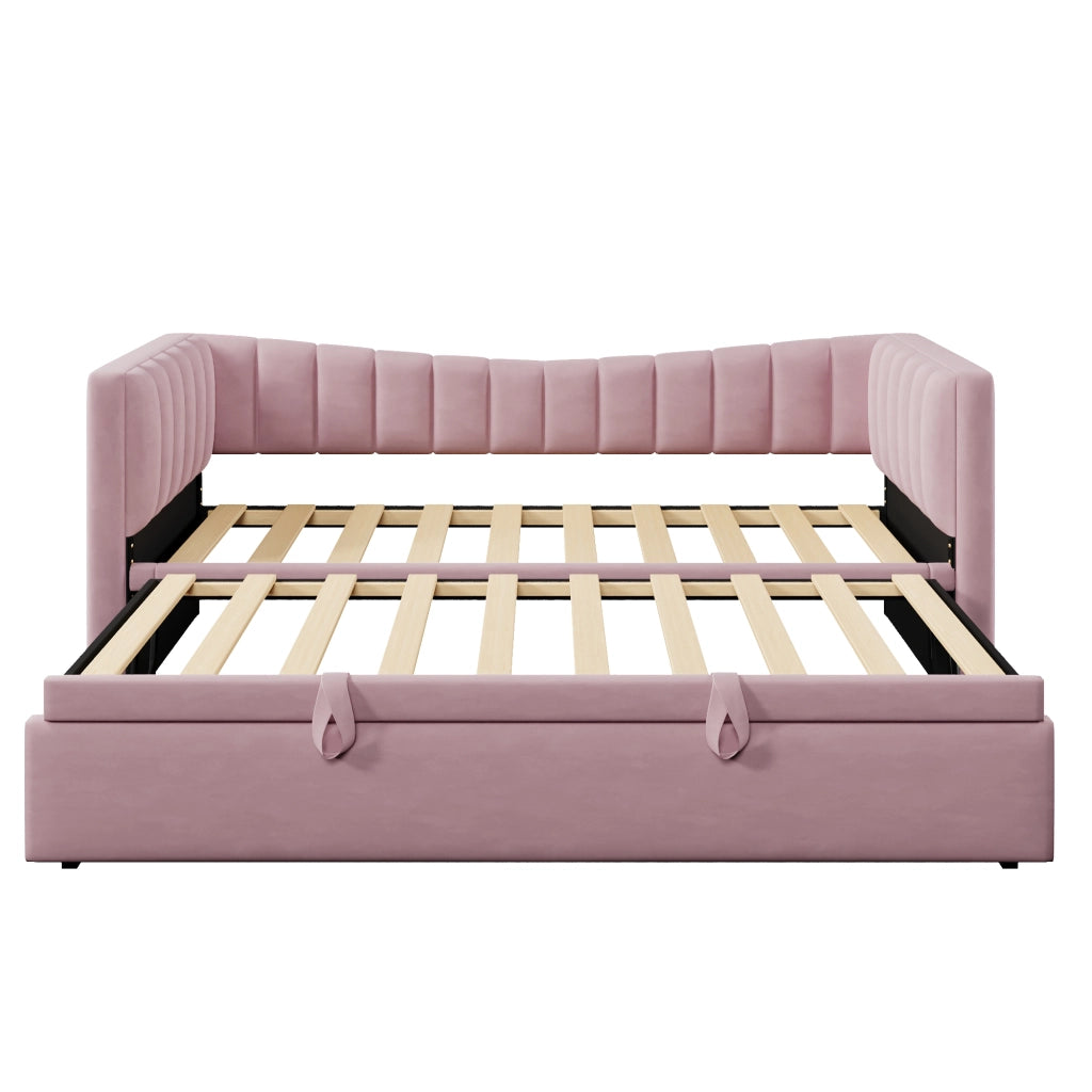 Daybed imbottito con letto estraibile 90 x 200 cm (180 x 200 cm), in velluto, rosa, senza materasso