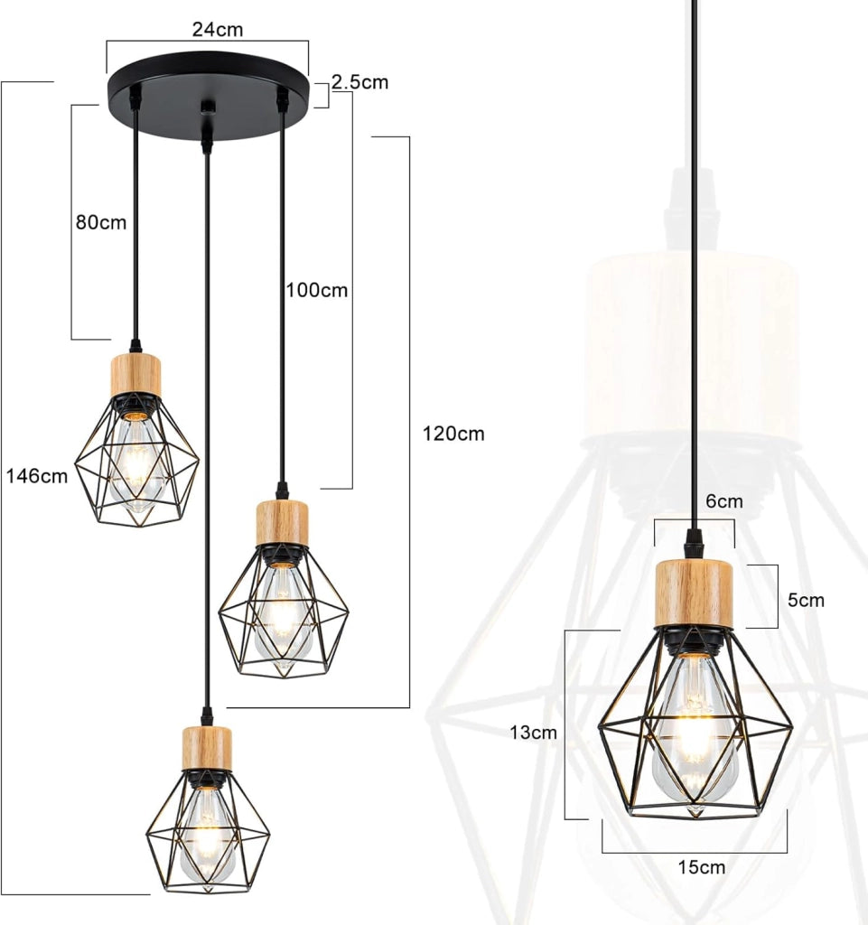 Lampada a sospensione ZMH 3 fiamme vintage nera E27 Decorazione per sala da pranzo