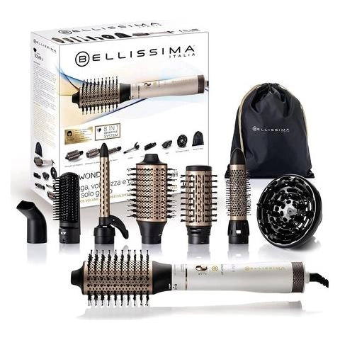Bellissima imetec air wonder, spazzola ad aria calda, tecnologia a ioni, spazzole rivestite in ceramica e cheratina, asciuga, dona volume, 8 accessori, 1000 w - 11847