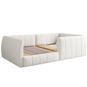 Letto singolo imbottito 90×200 cm con testiera e barriera di sicurezza; senza materasso; MDF e velluto; beige