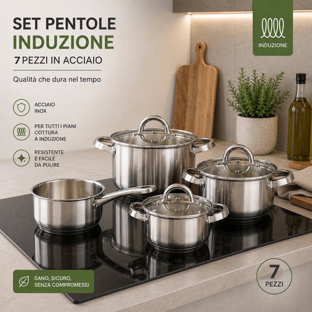 Batteria di Pentole Acciaio Inox 7 Pezzi Pentole Adatte a Tutti i Piani Cottura