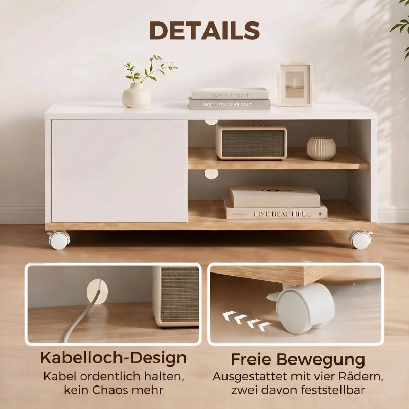 Mobile porta TV su rotelle con freno, mobile TV con armadietto e ripiano regolabile, bianco e rovere