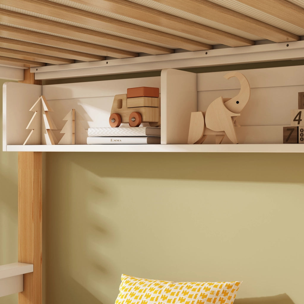 DESMIU Letto a castello per bambini 90 × 200 e 140 × 200 cm con lavagna, vano contenitore, senza materasso, in legno, bianco