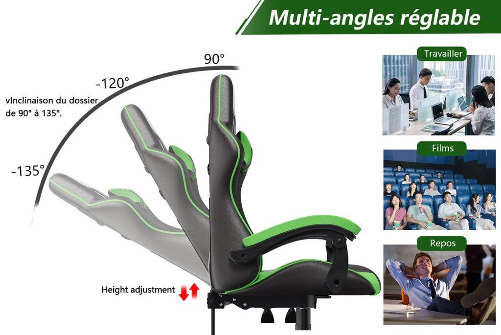 Sedia da gioco,  Sedia da gioco ergonomica, altezza regolabile, schienale reclinabile, braccioli e poggiatesta, nero-verde