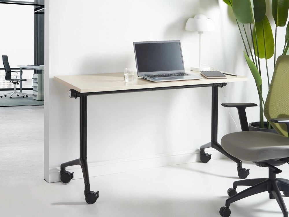 Scrivania rettangolare pieghevole con rotelle portatile con struttura in metallo marrone chiaro e nero 120 x 60 cm stile moderno