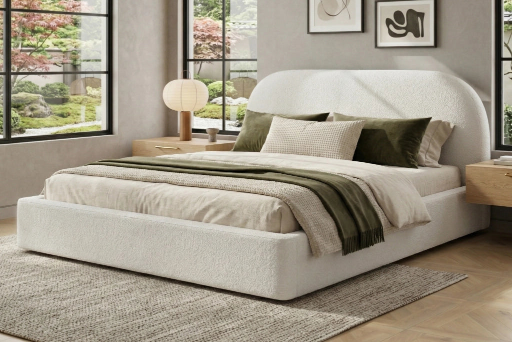 DESMIU Letto matrimoniale 180 × 200 cm 2 posti con testiera imbottita, senza materasso, bouclé beige