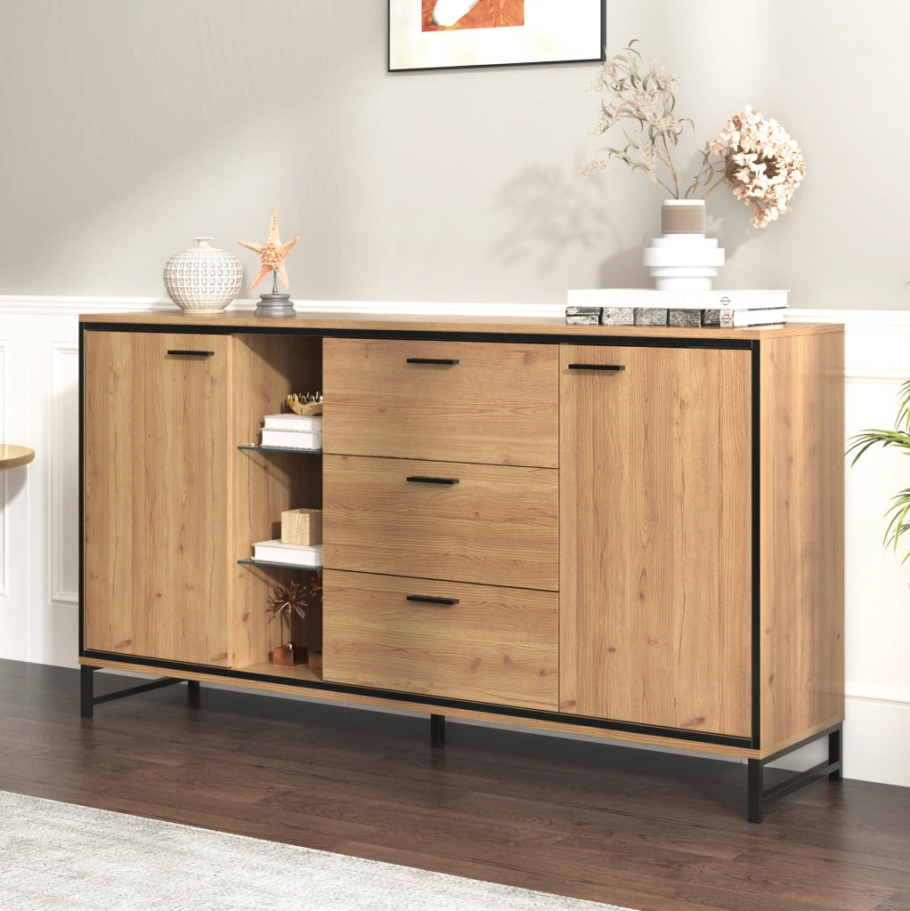 Credenza moderna 160x40x85 cm in pannello truciolare; colore naturale con LED a 16 colori