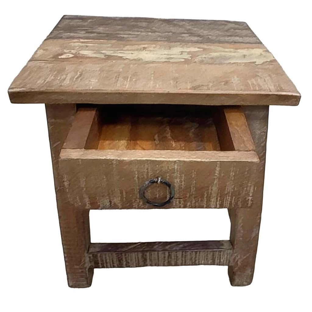 Sgabello con cassetto in legno con finitura artigianale marrone 25x25x29 h cm