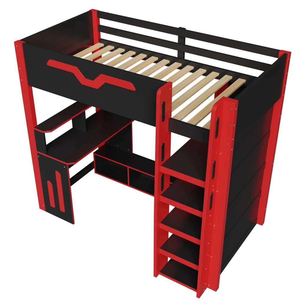 LETTO A CASTELLO ALTO con scrivania e ripiani 90x200 cm nero rosso