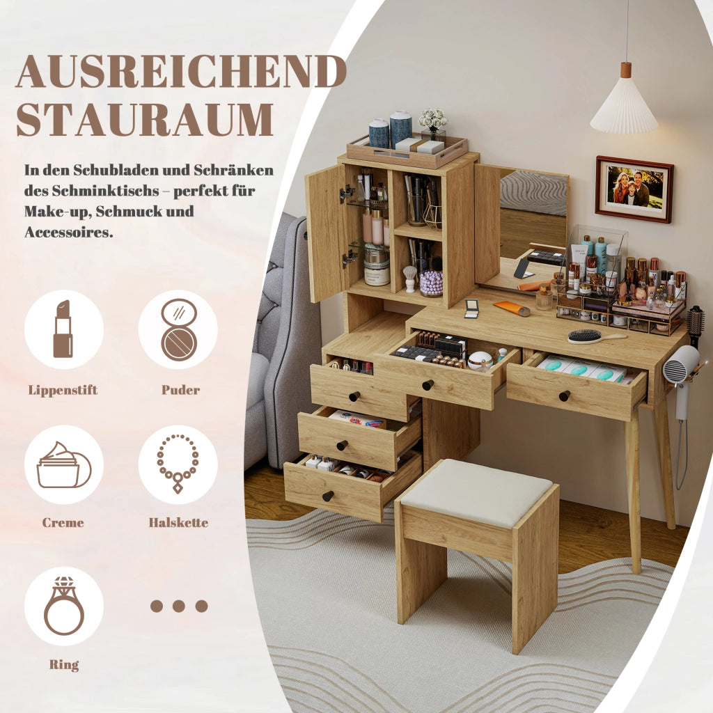 Toeletta con specchio a scomparsa e ampio spazio contenitore, con 5 cassetti, mobile laterale e sgabello beige naturale