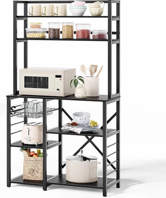 Rack da cucina per panetteria, rack con 5 piani con ganci laterali e corda, piani in legno e metallo, stile industriale, 80,5 x 40,1 x 169,2 cm (nero)