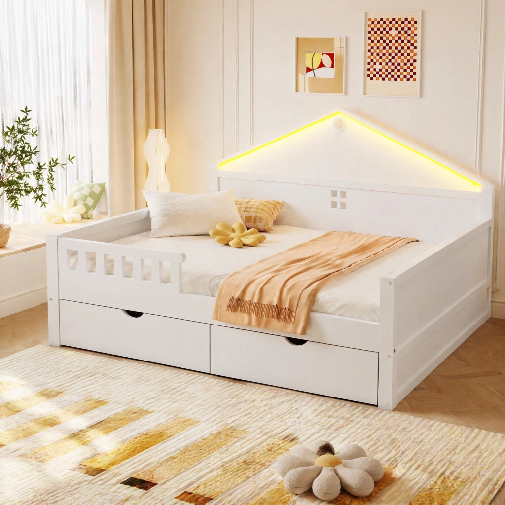 LETTO con cassetti e barra LED 140x200 cm Bianco