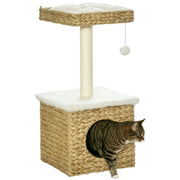 Tiragraffi per gatti 2 livelli con nicchia, palo sisal, piattaforma e pompon ¨C zephmum ¨C naturale