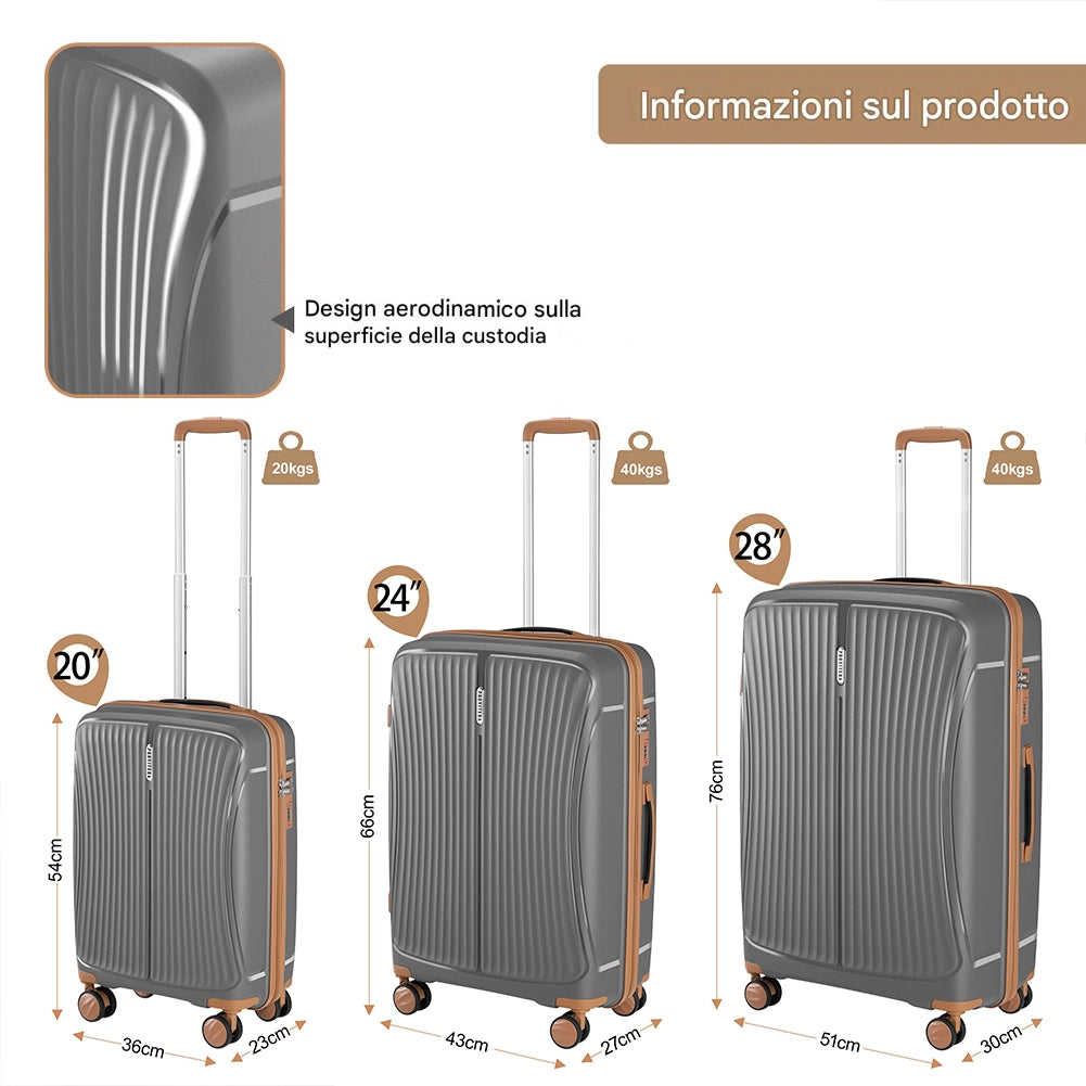 Set 3 Valigie Rigide ABS 90 59 38 Litri con Ruote Easy Roll e Lucchetto Grigio