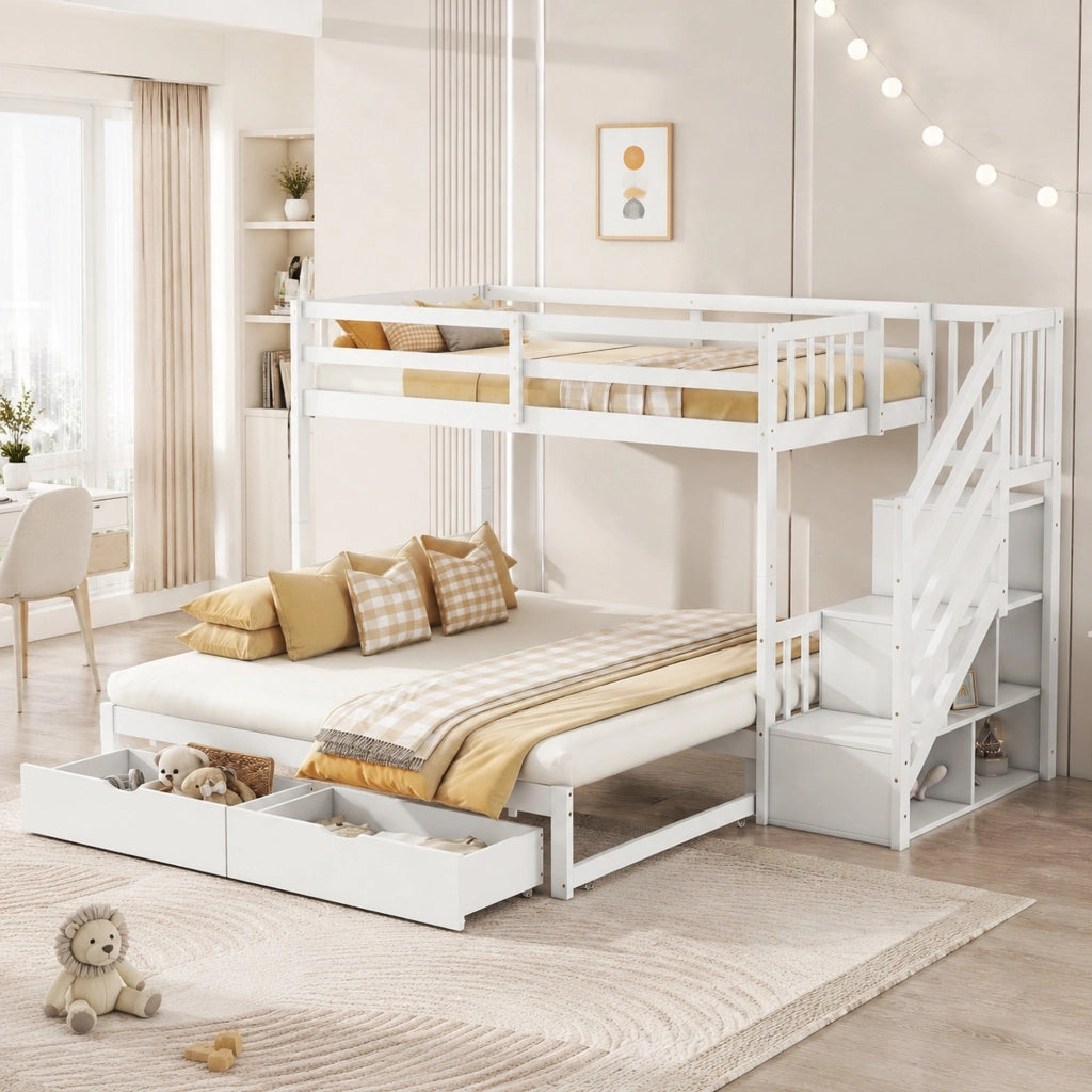 DESMIU Letto a castello 90 × 200 cm 2 posti con letto estraibile, 2 cassetti, senza materasso, in legno bianco