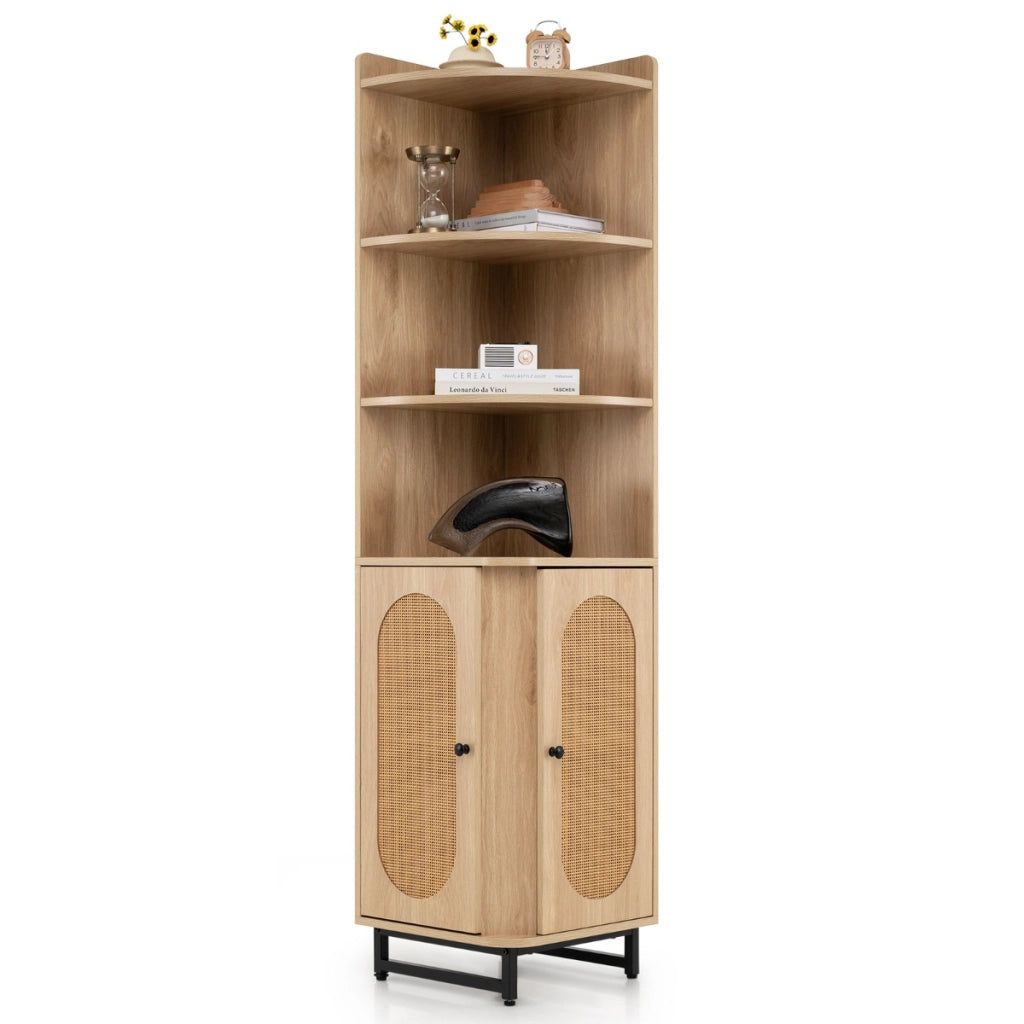 Armadio angolare in rattan PE con 2 porte e 4 scomparti aperti, Libreria angolare alta 172cm bagno soggiorno