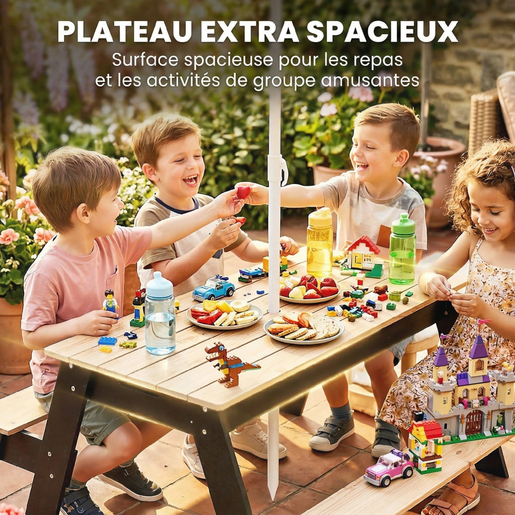 Tavolo da pranzo per bambini con sedie e ombrellone ¨C Minimal ¨C Legno naturale 90x90x50