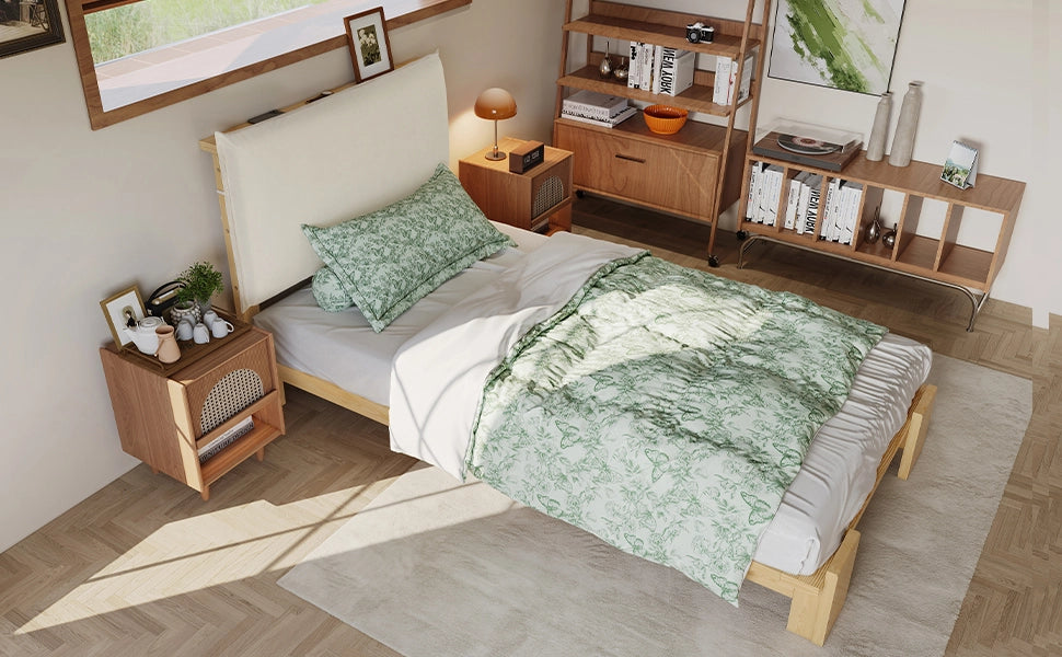 letto imbottito legno e tessuto naturale 90x200 cm