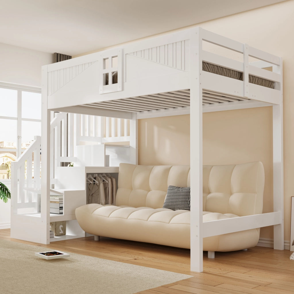 Letto a soppalco 140x200 cm con parapetto a finestra e scala contenitore reversibile; struttura in legno massello; bianco