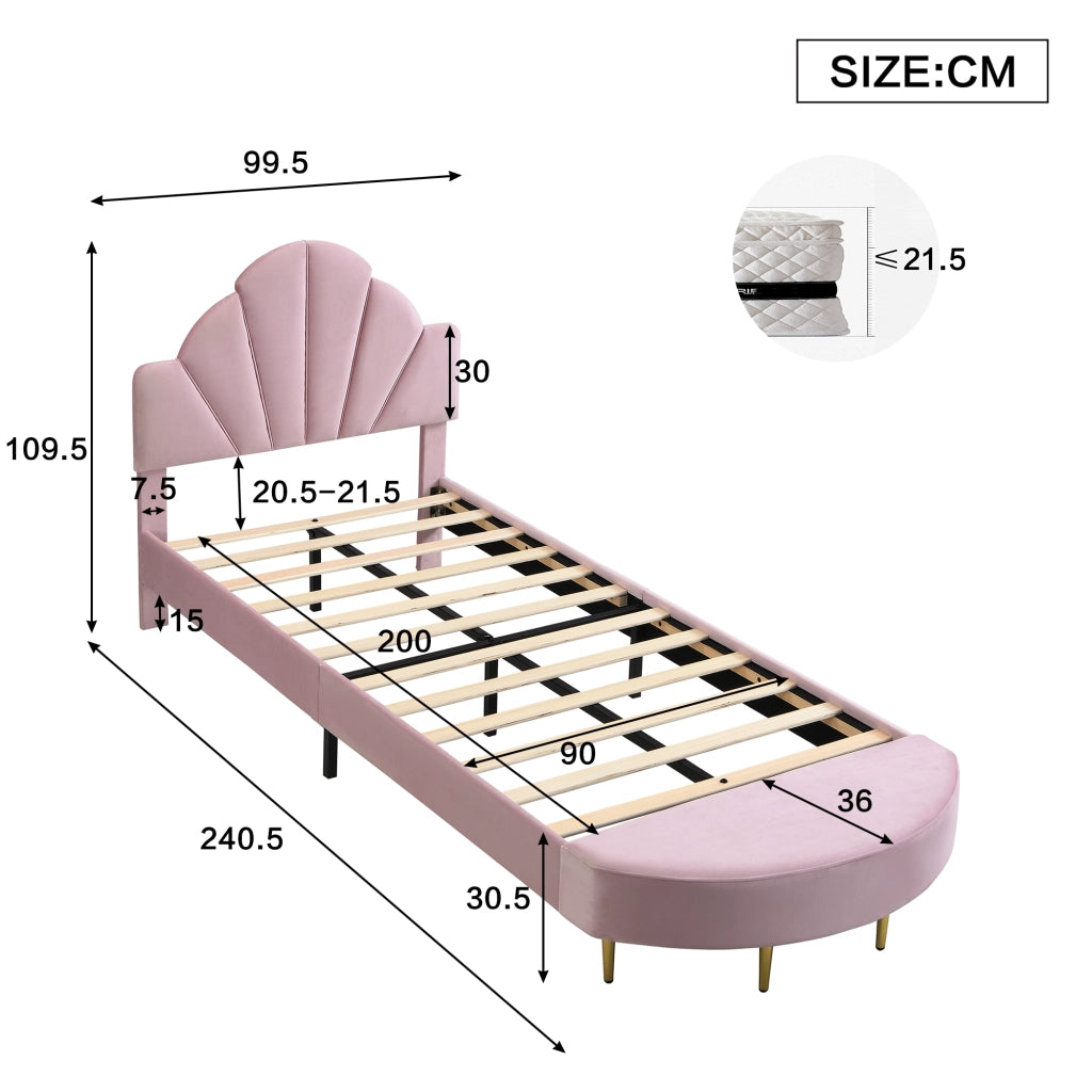 DESMIU Letto singolo 90 × 200 cm con panca coordinata, testiera in velluto, senza materasso, rosa
